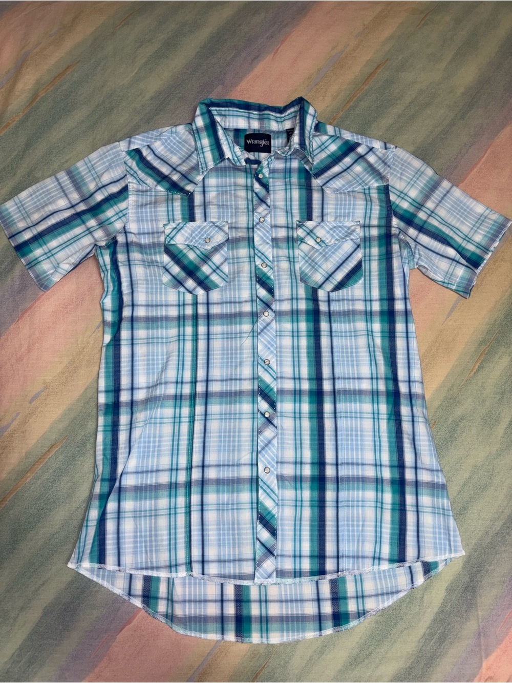Wrangler Teal Plaid Short Sleeve Pearl Snap Western Shirt Men's Size XL T blue
